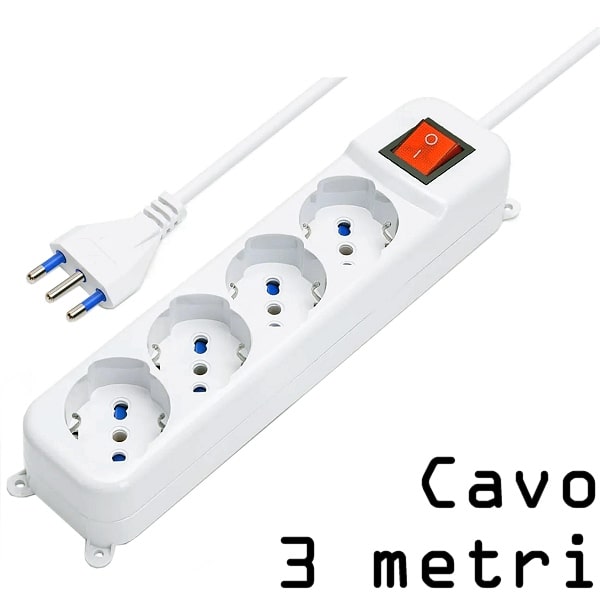 Multipresa 4 posti bipasso + schuko cavo 3x1mm 10/16A 3 metri