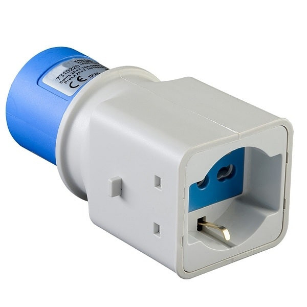 Adattatore industriale spina 2P+T 16A CEE presa schuko bipasso