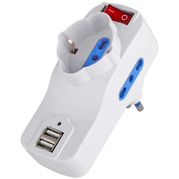 Adattatore 3 vie bipasso+schuko spina 16A rotante e carica USB